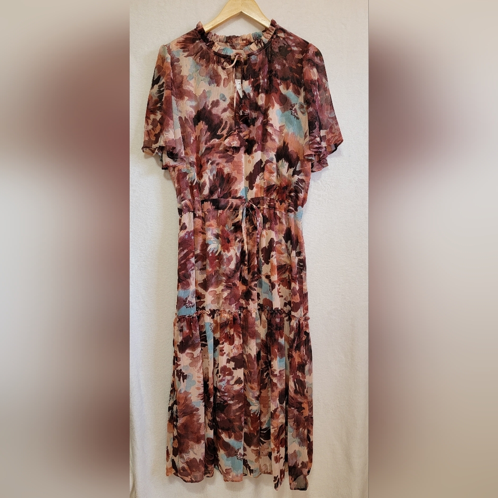 Women's Philosophy Tiered Ruffle Floral Dress, Maroon/Blue, Size M, NWT